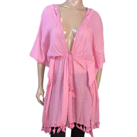 Charlie Paige Other - Charlie Paige Pink Tassel Swim Cover Up Womens One Size Boho Crochet Kaftan